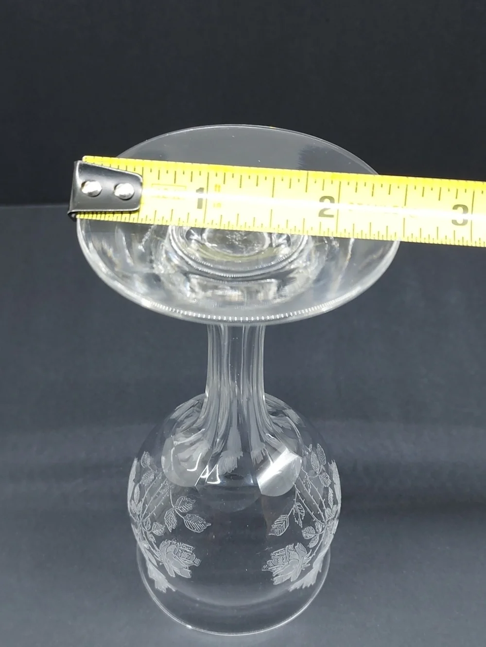 Rare Vintage Etched Rose Hollow Stem Wine Goblets Set of 2